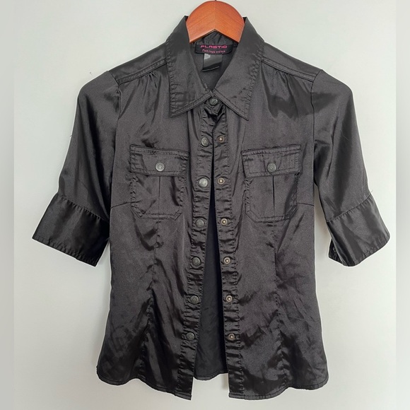 Vintage Y2K Plastic Black Satin-like Button-Up Shirt size small - Picture 2 of 5